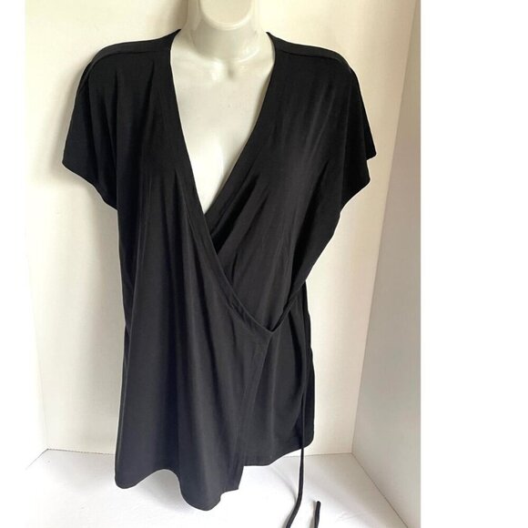 Eileen Fisher Wrap Top Womens Medium Black V-neck Short Sleeve Jersey Boxy - Picture 3 of 8